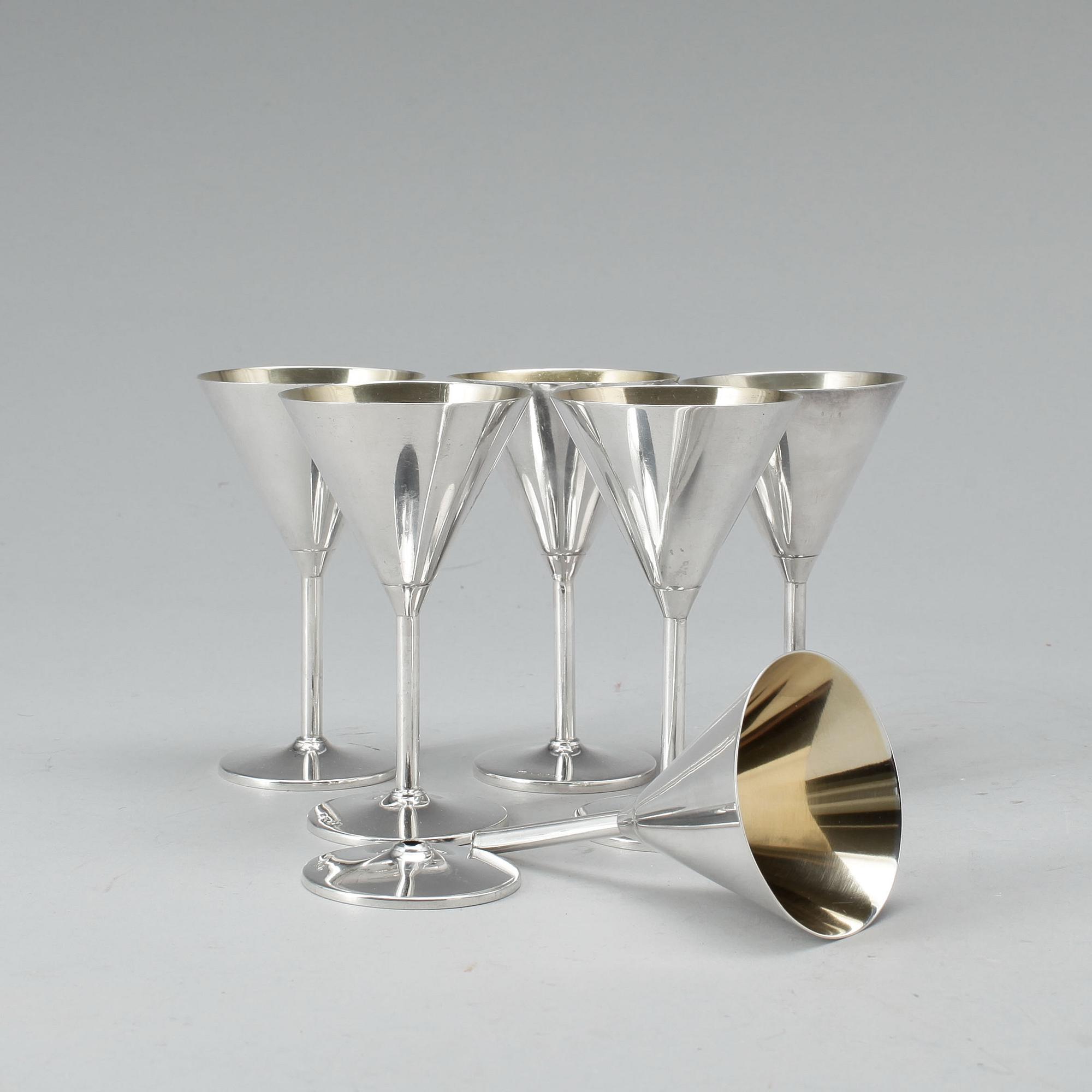 STARKVINSGLAS, 6 st, silver, C G Hallberg, Stockholm, 1937. Totalvikt ca 380 gram.