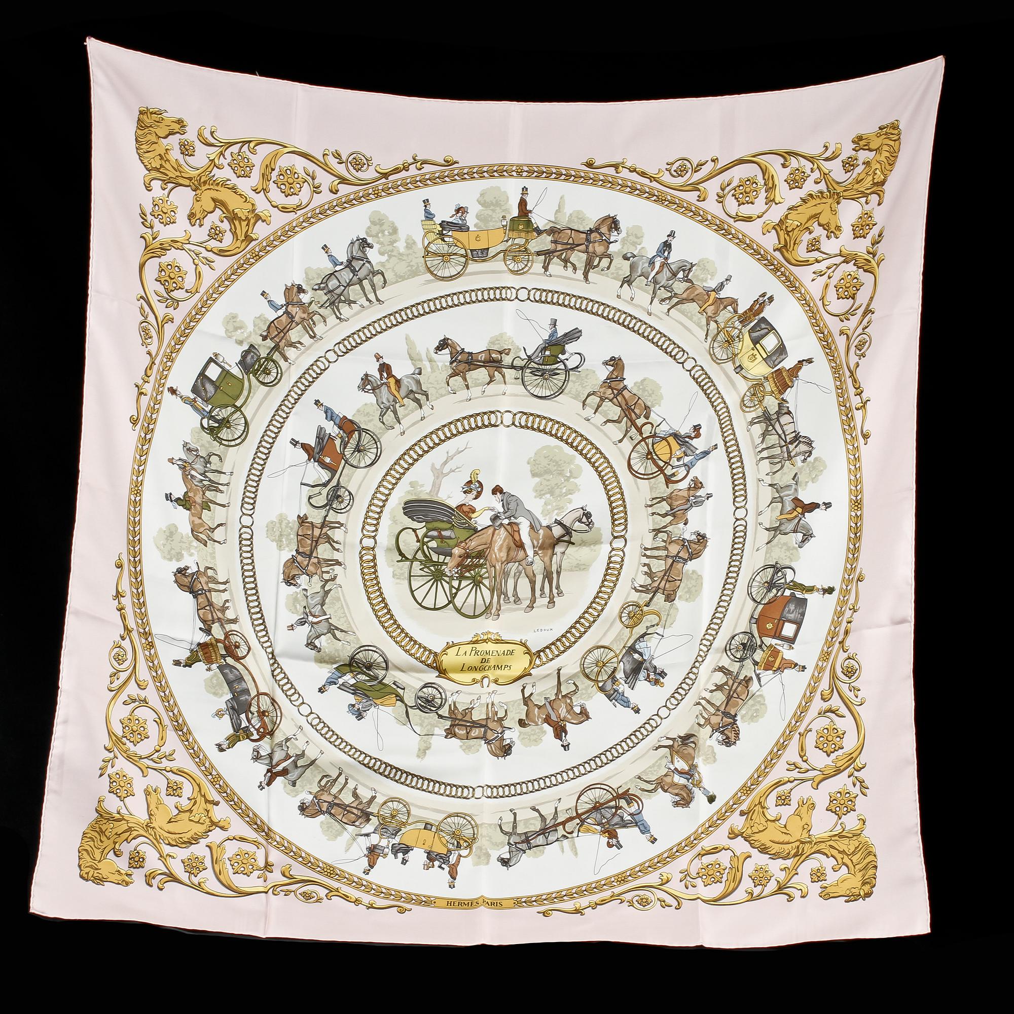 SCARF, siden, "La promenade de longchamps", design Philippe Ledoux, Hermés 2000-tal.