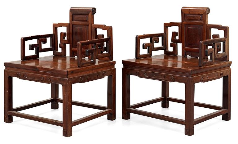 A pair of hardwood chairs, Qing dynasty. Possibly Huanghuali.