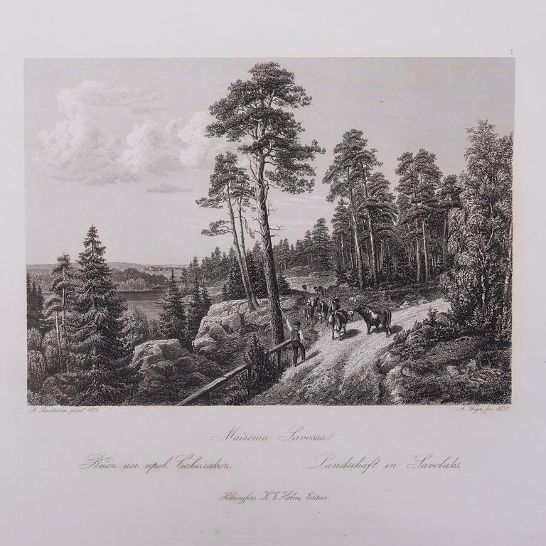 PARTI GRAVYRER, 14 st, stålstick, "En resa i Finland", A. Weger, 1870-tal.