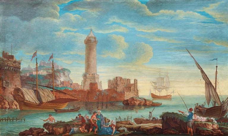 Claude Joseph Vernet Hans krets, Sydländsk hamnbild med figurer och båtar.