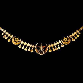COLLIER, orientaliska pärlor, gammalslipade diamanter, 14K guld, sent 1800-tal.