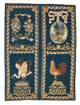 267. Embroidered panels, 4 pcs., wool on wool, ca 186-190,5 x 131,5-137 cm per piece, probably England 18th century.