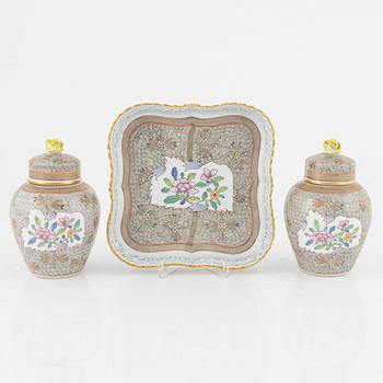 A porcelain tray and two lidded urns, Herend, Hungary, 1976.