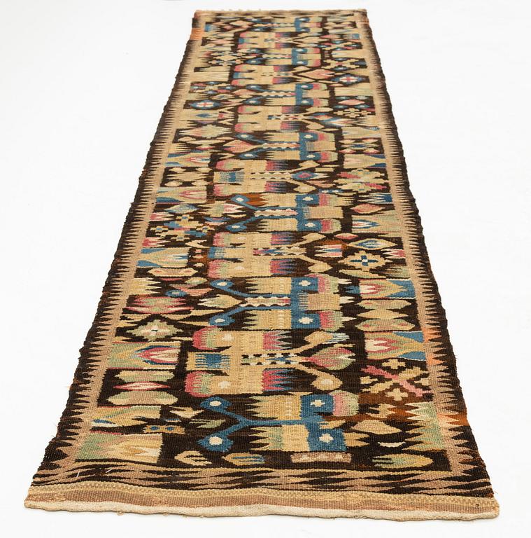 A bench cushion, tapestry weave, c. 245 x 57 cm, Östra district, Blekinge, Sweden, mid 19th century.