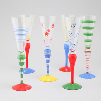 Nine late 20th century champagne glasses and decanter, "Clown", for Orrefors.