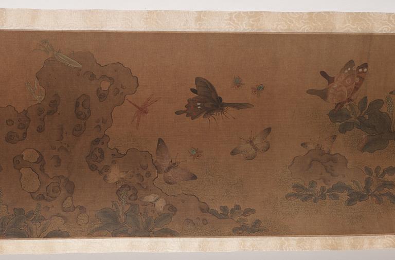 RULLMÅLNING, landskap med fjärilar och insekter i Qian Xuans (1235-1305) efterföljd, Qing dynastin 1800-tal.