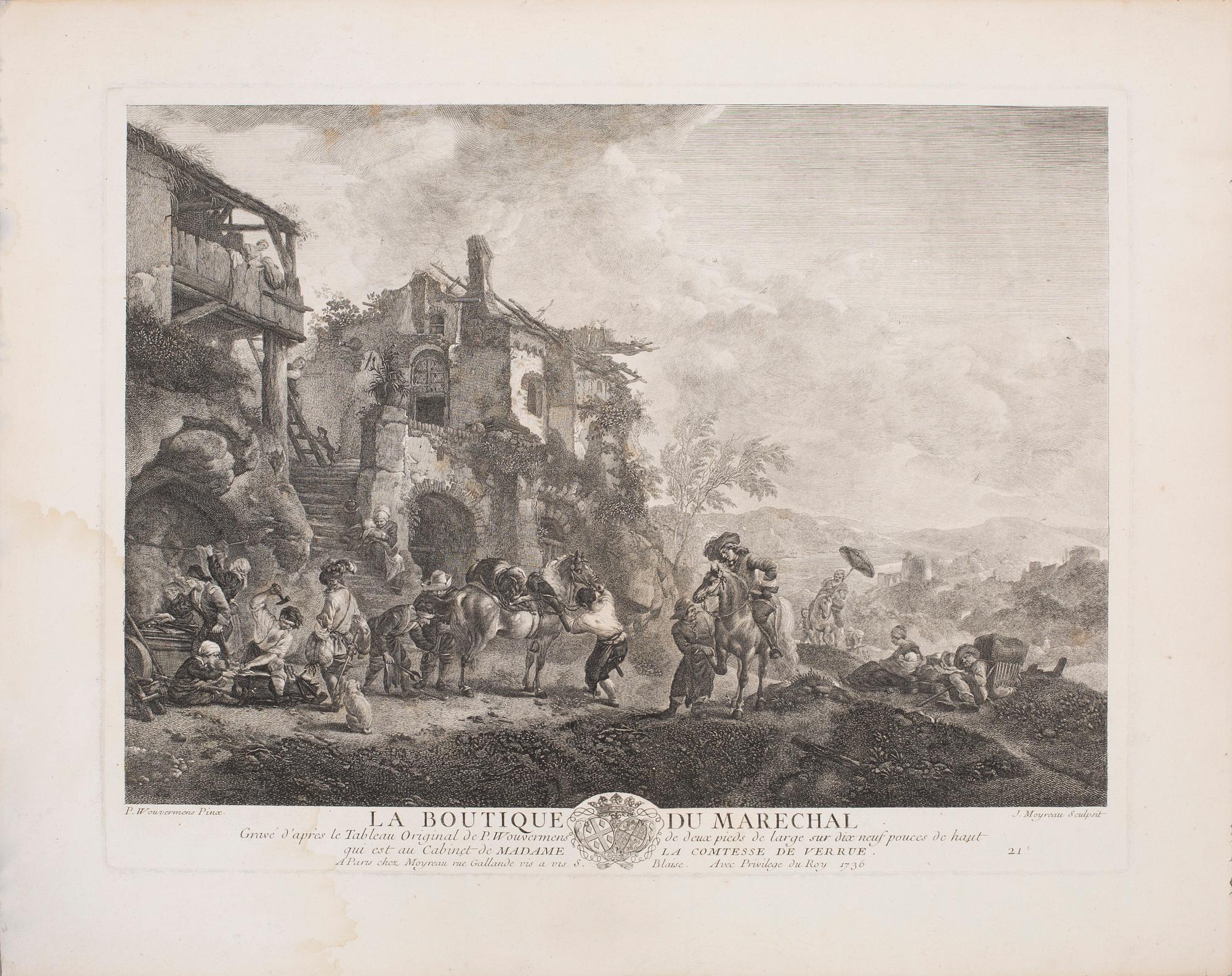 PHILIPS WOUWERMAN, after, six unframed coppar engravings, 18th century.