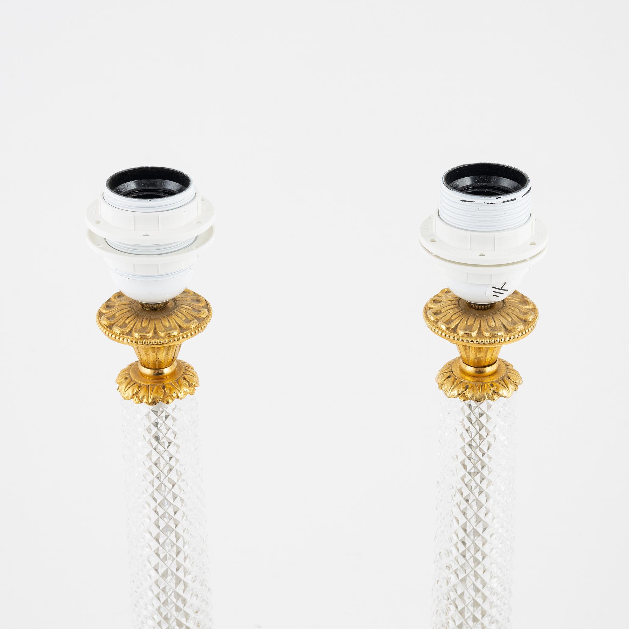 A pair of Empire-style glass and cut glass table lamps, late 20th century.
