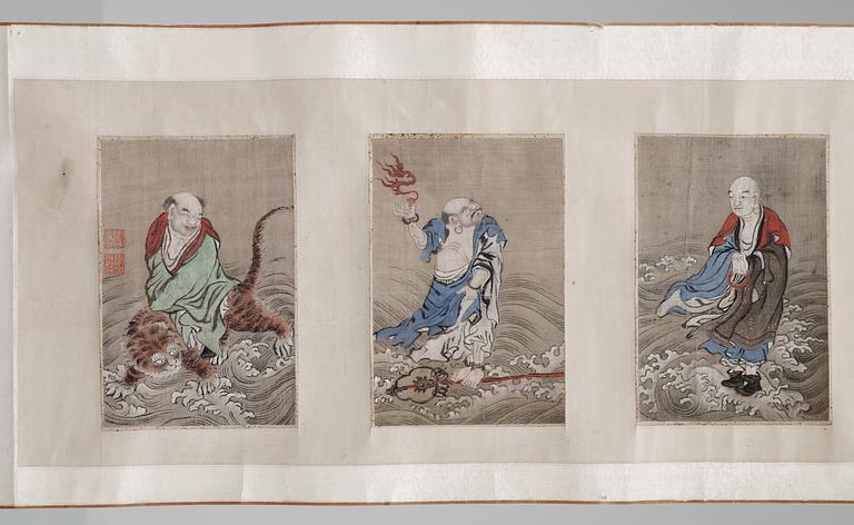 A scroll with 18 paintings representing the 18 Lohans, Qing dynasty, anonymous artist.