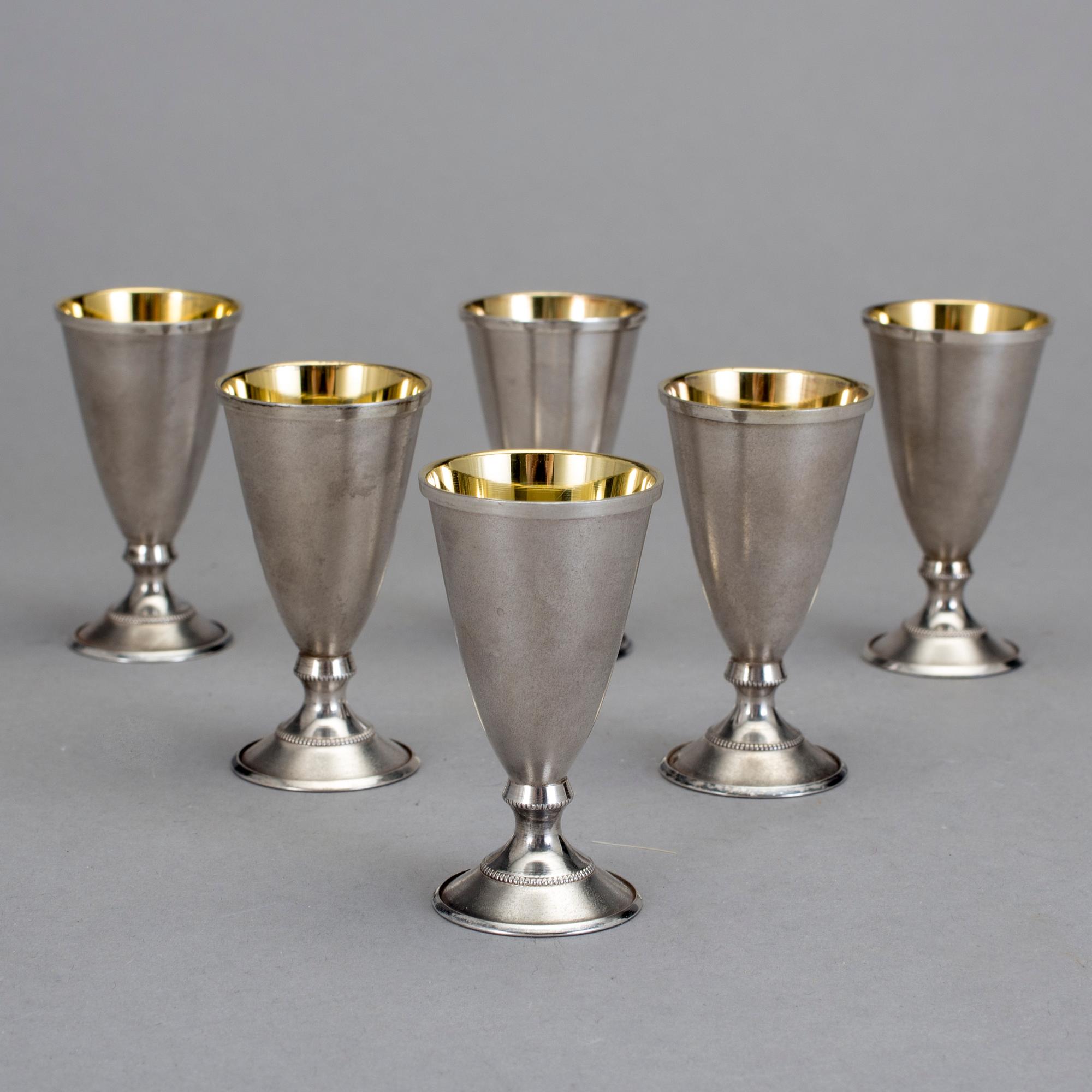 SPRITGLAS, 6 st, silverhalt 875, Sovjetunionen, 1950-tal. Vikt ca 197 g.