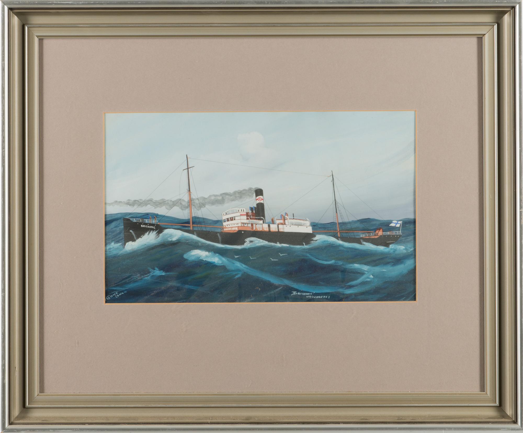 Captain's painting, gouache, signed, marked "Britannic Helsingfors".