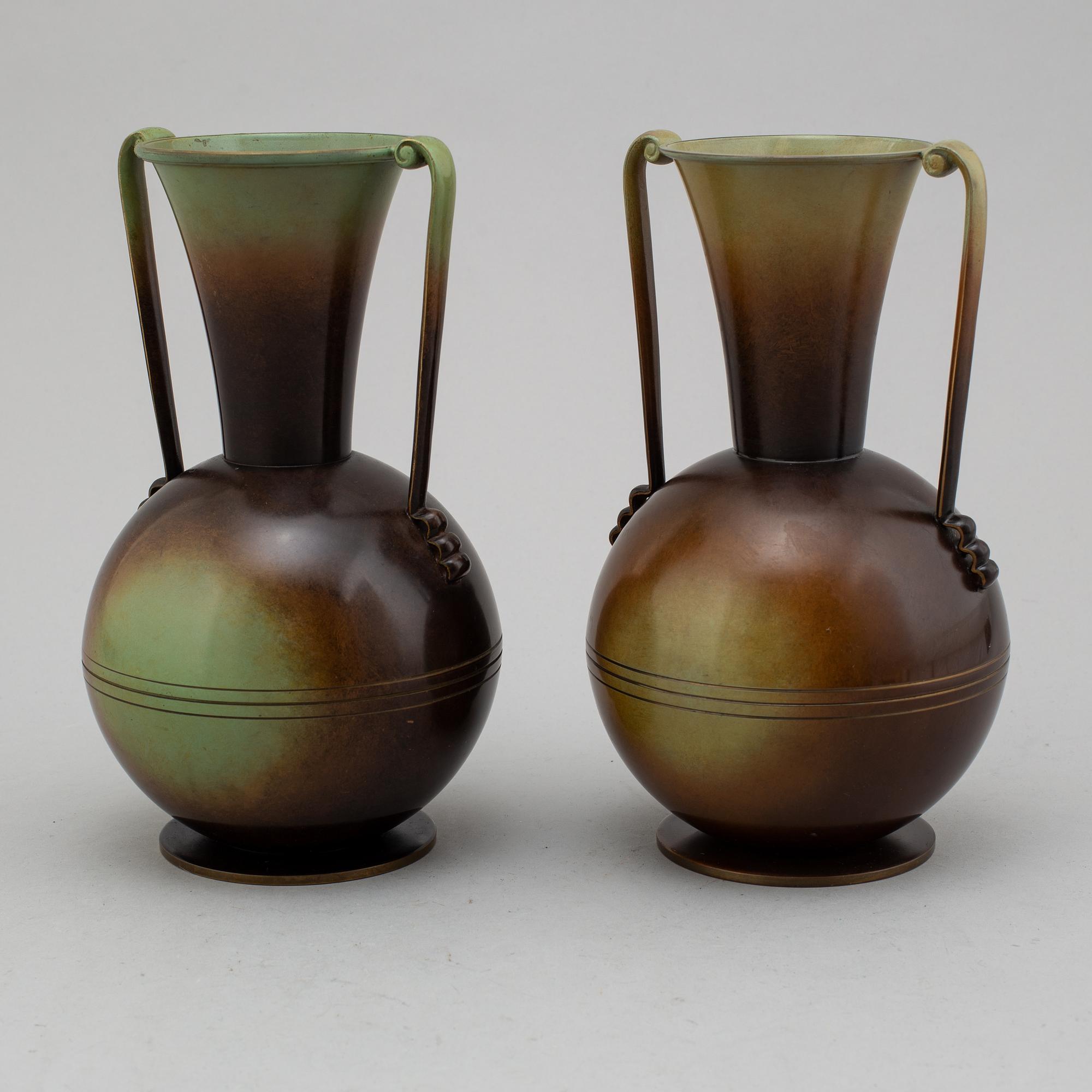 A PAIR OF BRONZE VASES, Ystad Brons, mid 20th century.