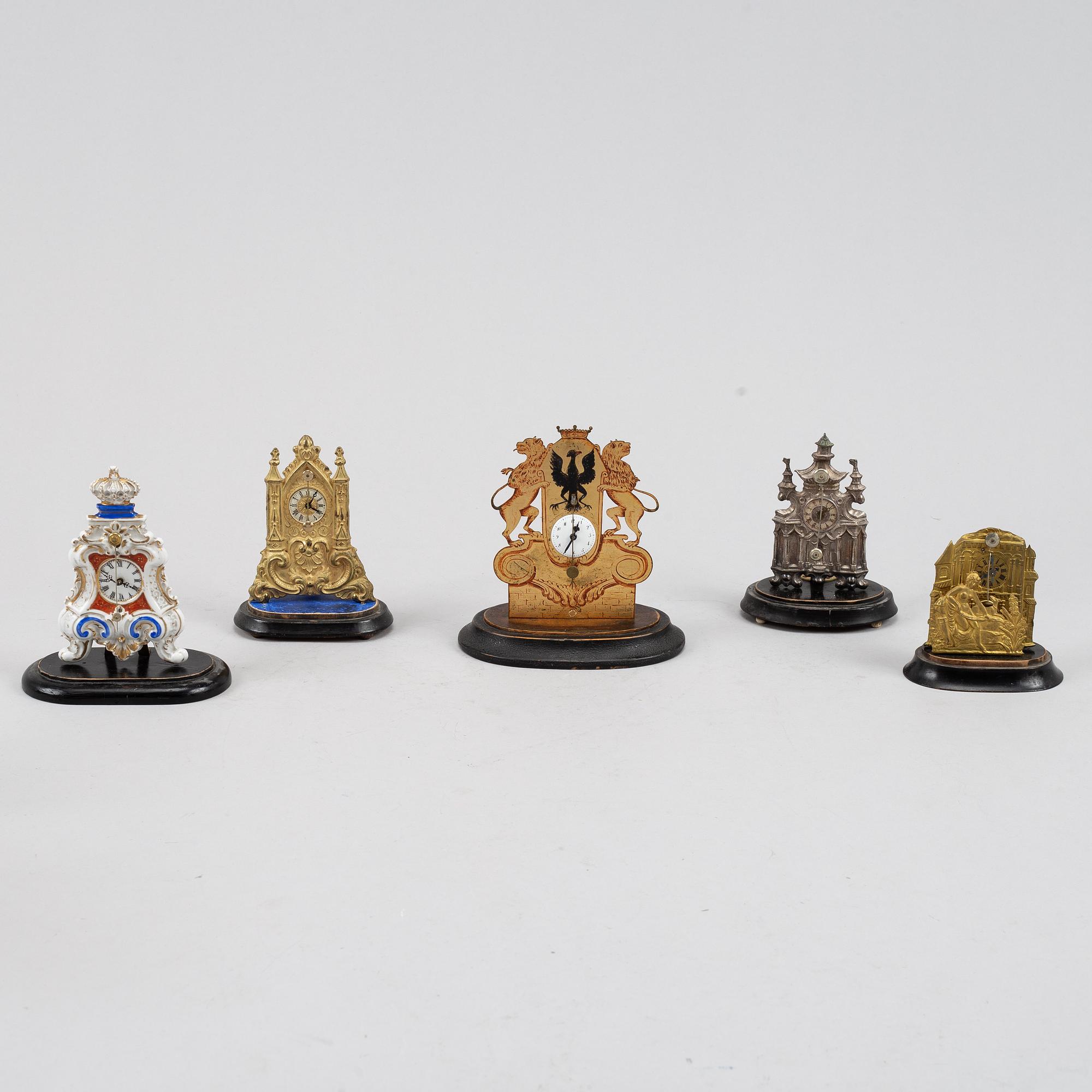 A set of five miniature timepieces from France and Germany, second half of the 19th Century.