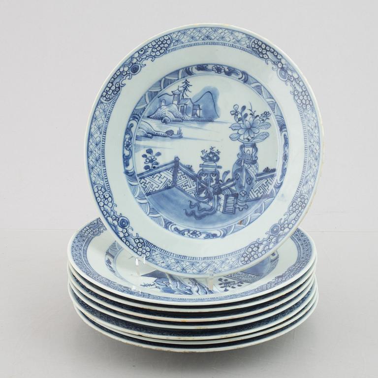 A group of eight blue and white dishes, Qing dynasty, Qianlong (1736-95).