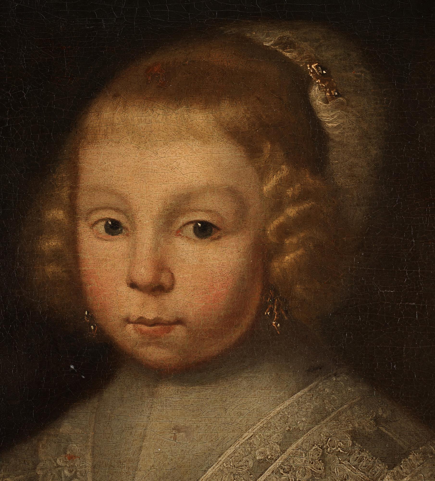 Michiel Jansz. van Mierevelt Circle of, Girl in velvet dress with lace, holding a feather.