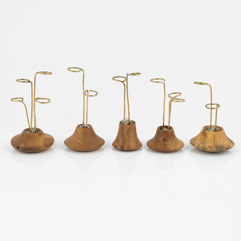 Magnus Ek, a set of five oak wood canapé holders for Oaxen Krog, 2019.