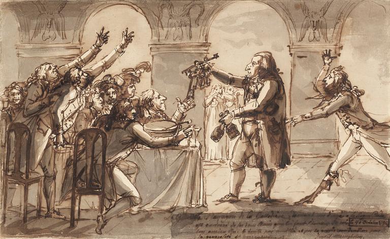 Johan Tobias Sergel, Gallodier lämnar ut nycklarna till vinkällaren åt de törstande gästerna.