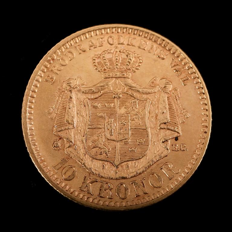 GULDMYNT, 10 kronor, Oscar II, 1894.  Vikt ca 5 gram.