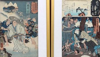 Four woodcuts, Kunyoshi, after, and Yoshitora, after, Japan 19th century.
