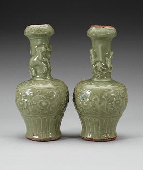 Two celadon glazed longquan vases, Ming dynasty (1368-1644).