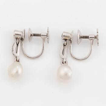 18K white gold and pearl and old-cut and rose-cut diamond earrings.