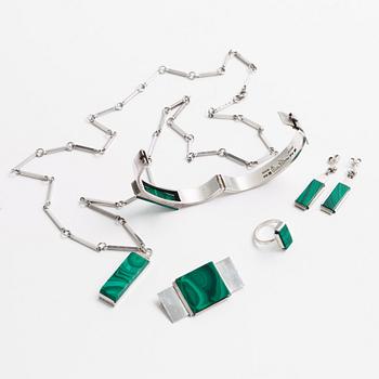 A Wiwen Nilsson set of six pieces of silver and malachite jewellery, Lund Sweden 1934-66.