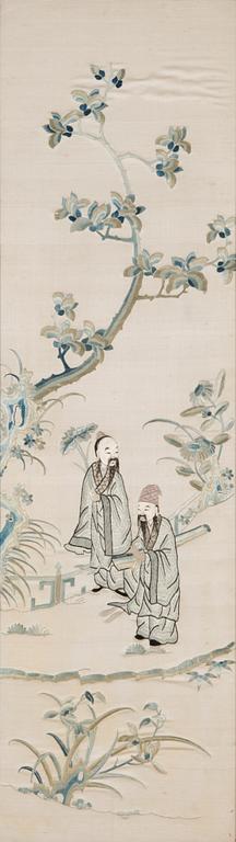 A pair of Chinese silk panels, 20th century.