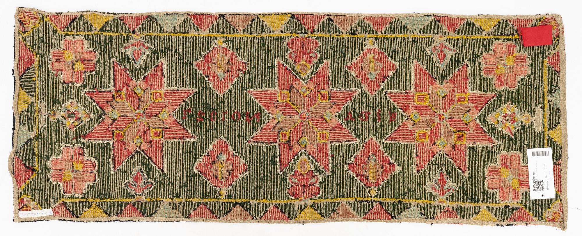 A flat weave carrige cushion, Scania dated 1827.