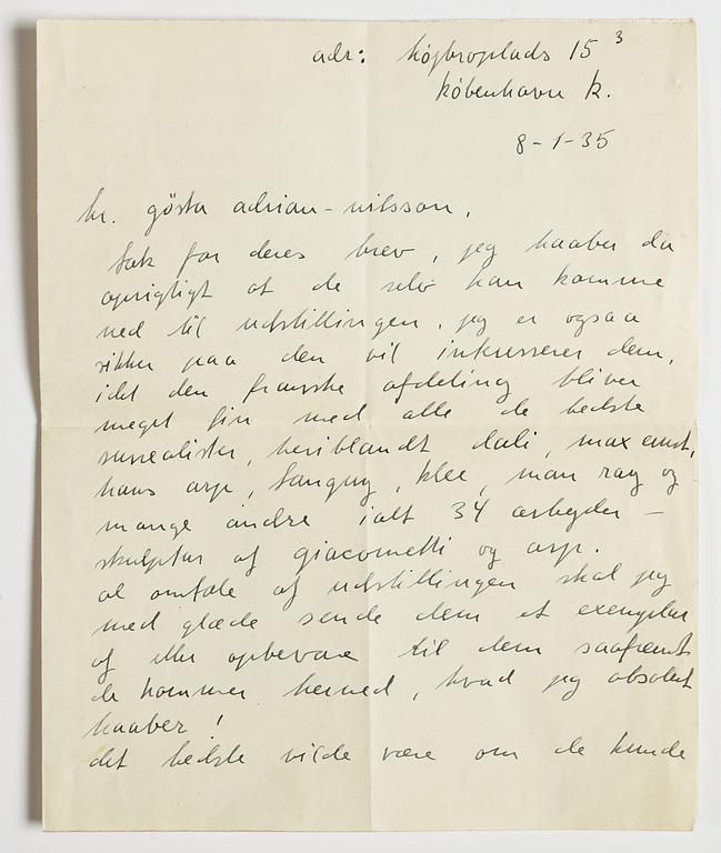 LETTERS (2) and POSTCARD to GAN (Gösta Adrian-Nilsson) from, among others, Vilhelm Bjerke-Petersen and Edvin Ganborg.