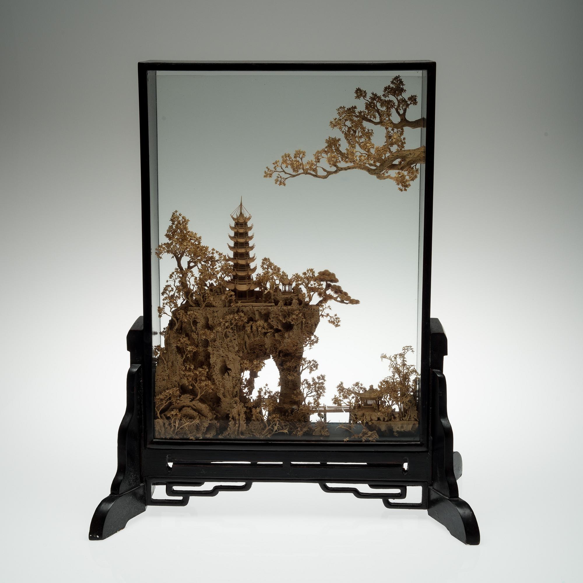 DIORAMA with a wood and cork carving of a chinese landscape, China 20th century.