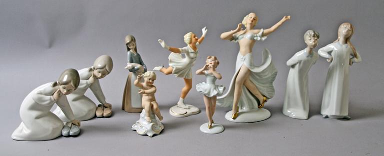 FIGURINER, 9 st. Porslin, Lladro, Schaubachkunst mm.