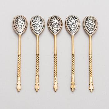 A set of eight Kubachi tea glass holders and five teaspoons, parcel-gilt silver, niello, Russia 1960s.