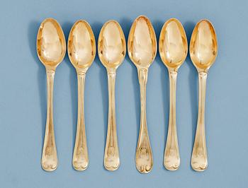 A set of six Swedish 18th century silver-gilt thé-spoons, makers mark of Lars Boye, Stockholm 1775, one of P. Eneroth.
