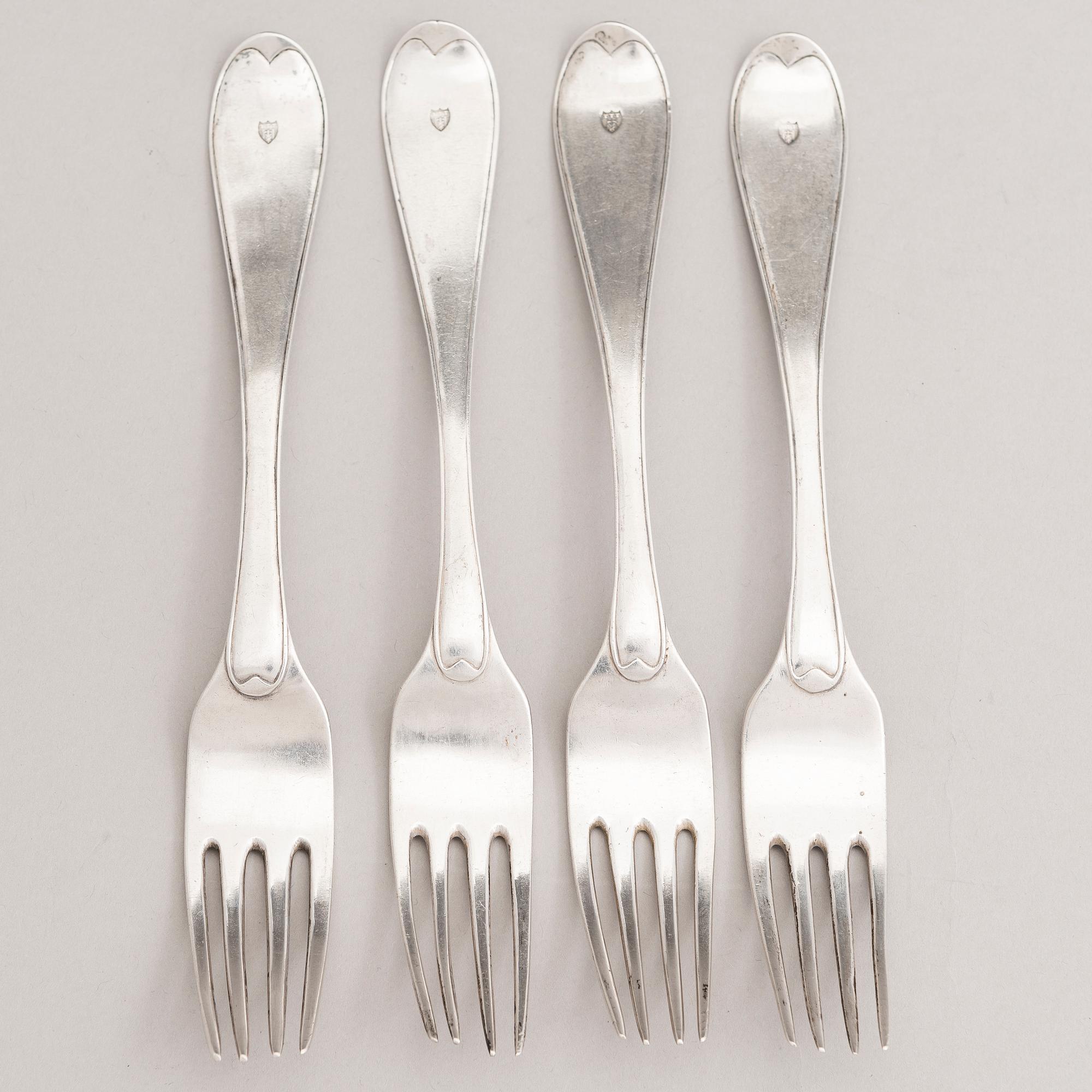 A set of four 18th-Century silver dinner forks, mark of Mikael Nyberg, Stockholm 1790-92.