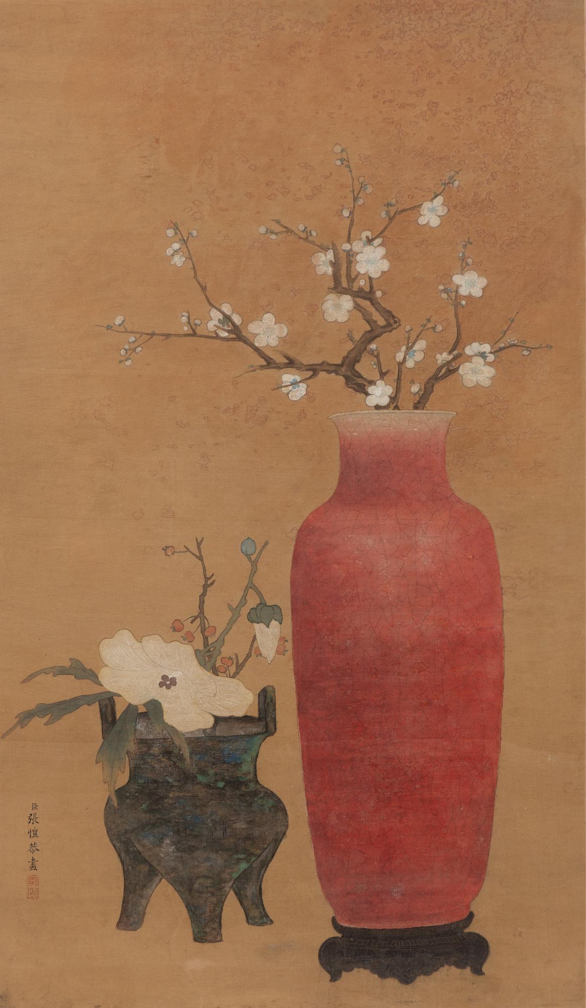 Unidentified artist, Still Life with Prunus in a Red Vase and Incense Burner, China, late Qing dynasty/early 20th century.