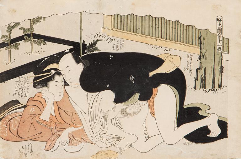 Katsukawa Shunchō, Two woodcuts in colours by Katsukawa Shunsho (1726-1792), Shunga.