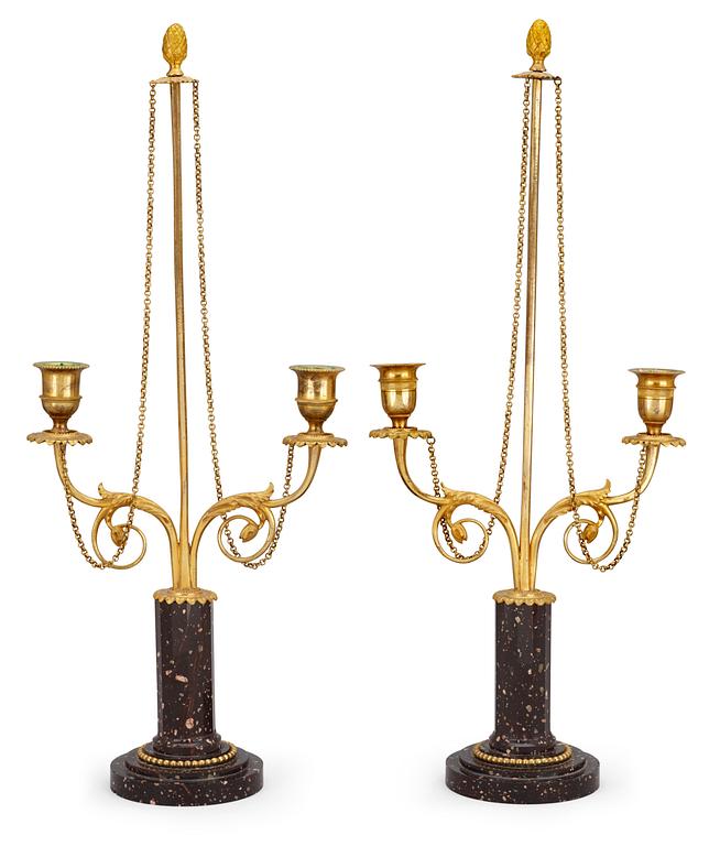 Two similar late Gustavian circa 1800 porphyry and gilt bronze two-light candlesticks.