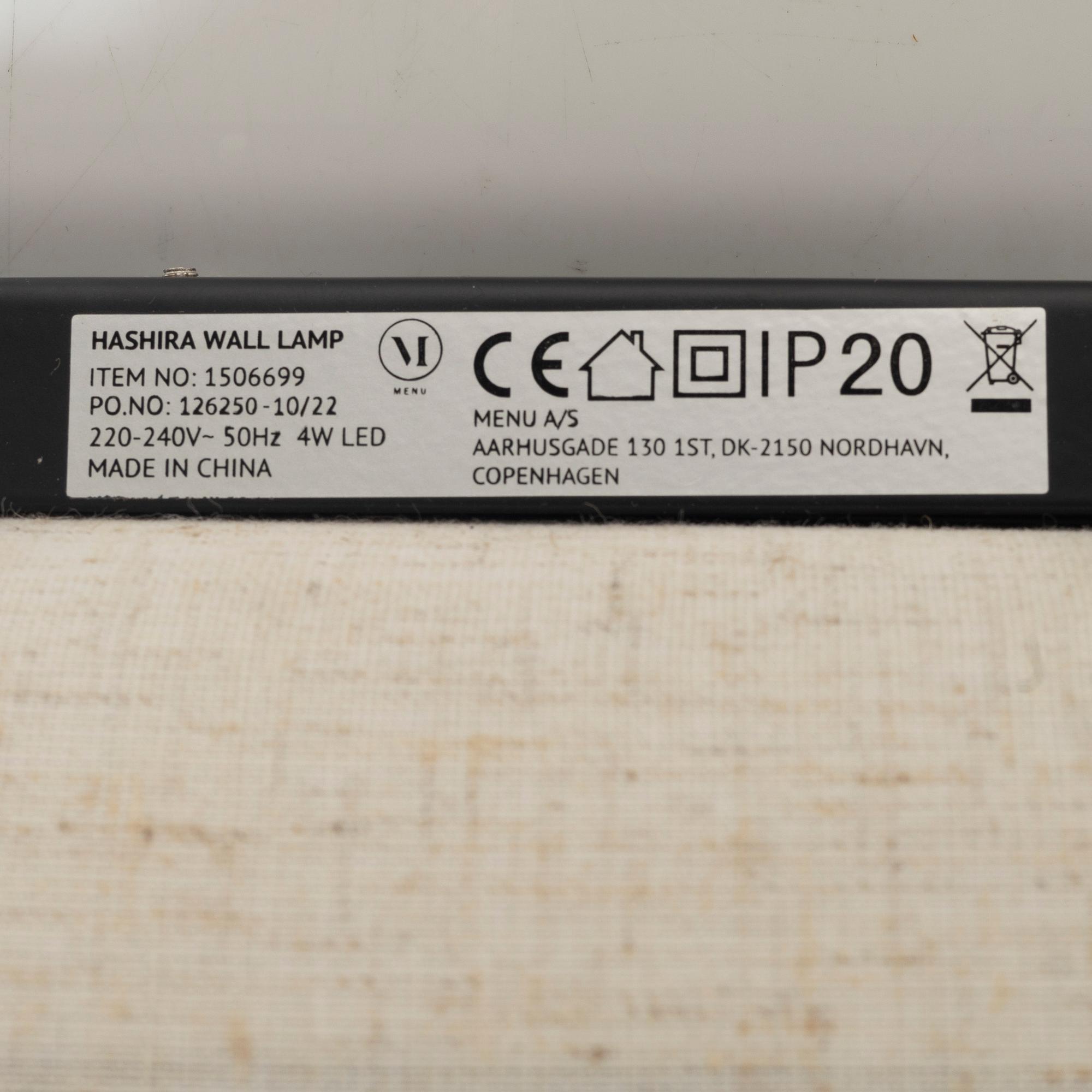 Norm Architects, a pair of 'Hashira wall lamp', Menu, Denmark.