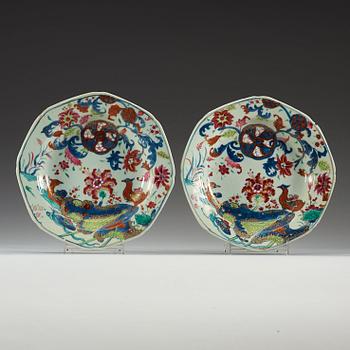 Three famille rose 'tobacco leaf' soup dishes, Qing dynasty, Qianlong (1736-95).