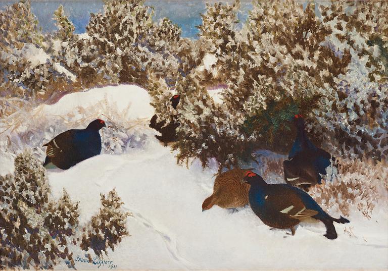 Bruno Liljefors, Winter landscape with black grouse.