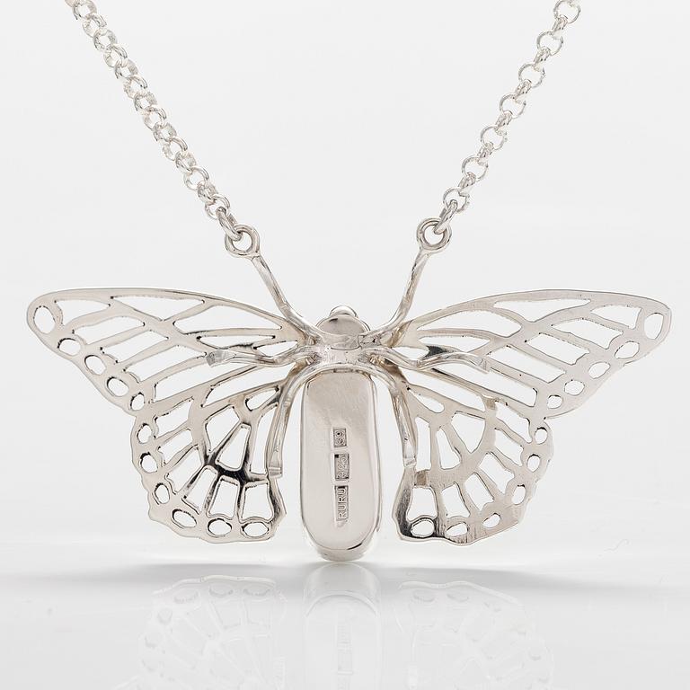 A sterling silver necklace "Butterfly" with dichroic glass. Ru Runeberg 2019.