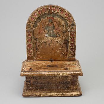 A PAINTED WOOD OFFERING BOX, probably 17th century.