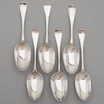 JOHAN MÖLLERSTRÖM, skedar, 6 st, silver, Stockholm 1727, med daterad gravyr 1726.