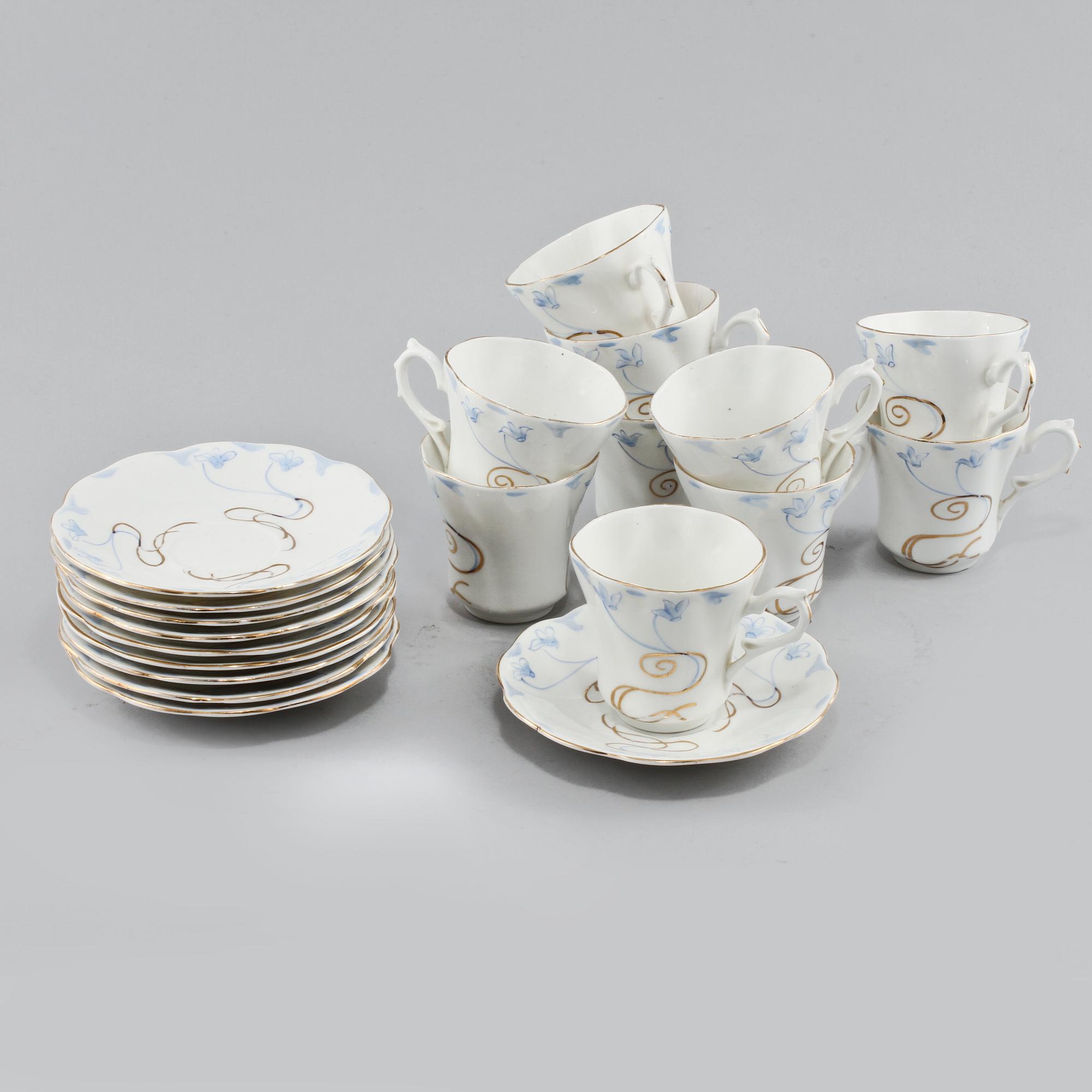 KAFFEKOPPAR med FAT, 10 st, porslin, Jugend, Rörstrand, 1900-talets första hälft.