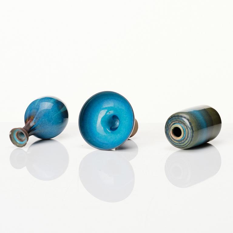 Wilhelm Kåge, three 'Farsta' stoneware miniature vases, Gustavsberg studio, Sweden 1958.