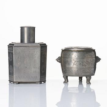 A group of Chinese pewter wares, Qing dynasty. (4 pieces).