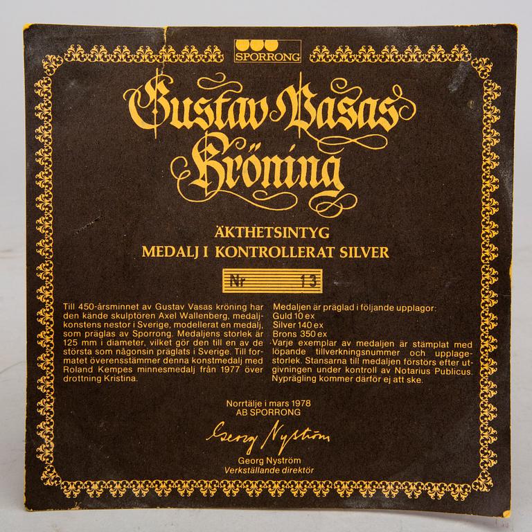 Medal, Gustav Vasa Coronation 450 years 1978, c 686g.