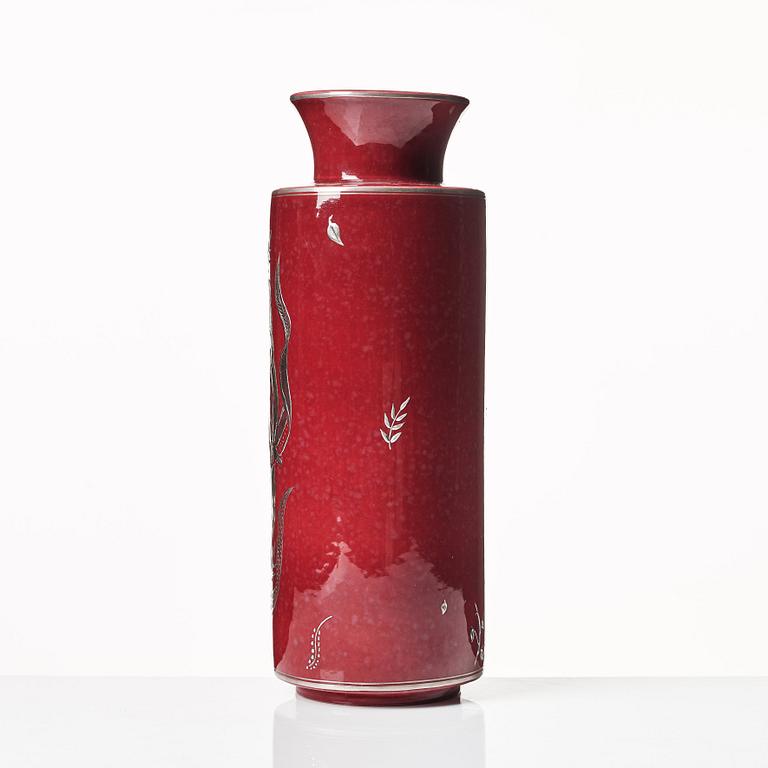 Wilhelm Kåge, a red glazed "Argenta" stoneware vase, Gustavsberg, Sweden 1950's.