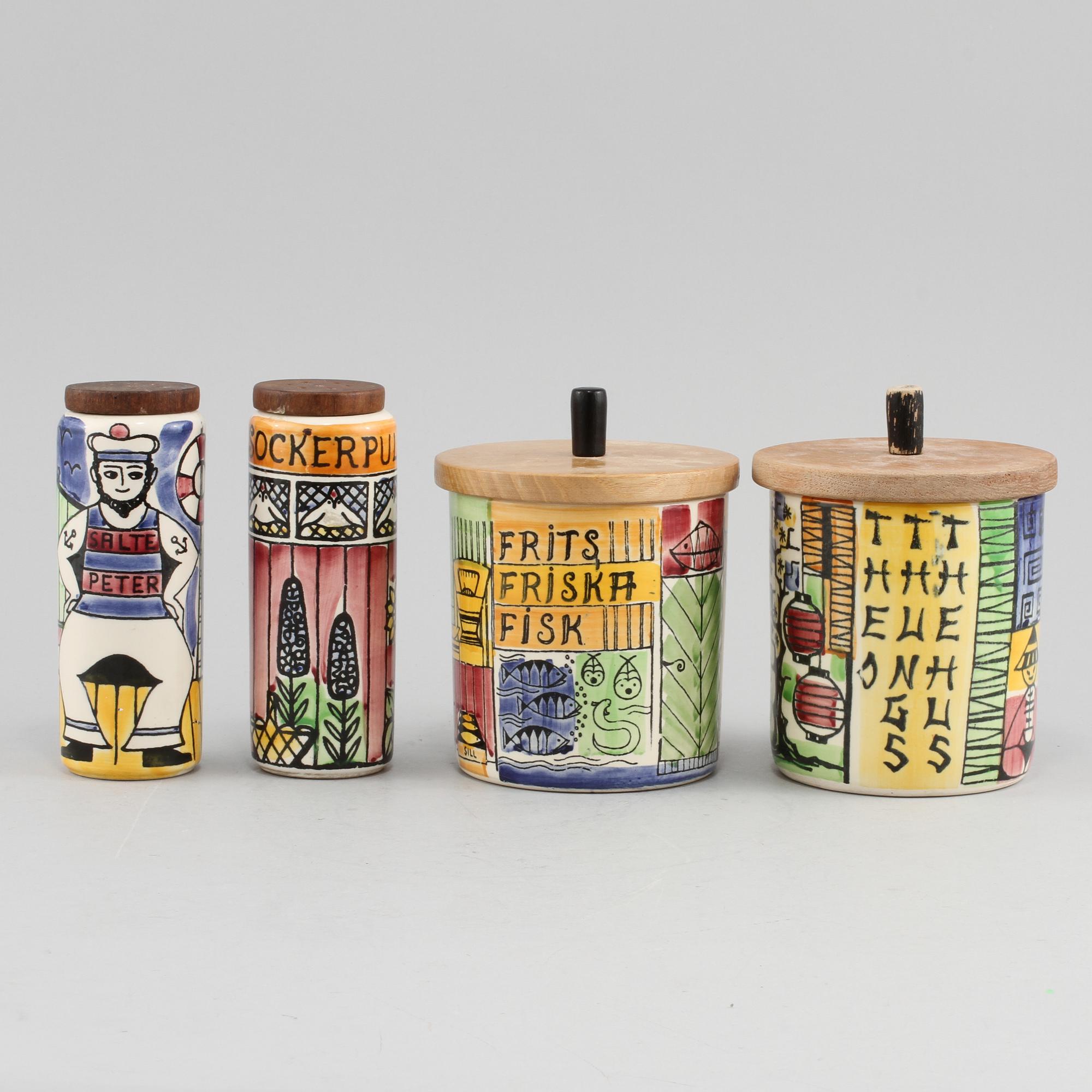 STRÖARE OCH BURKAR, 4 delar, flintgods och trä, Anita Nylund, Jie Gantofta.